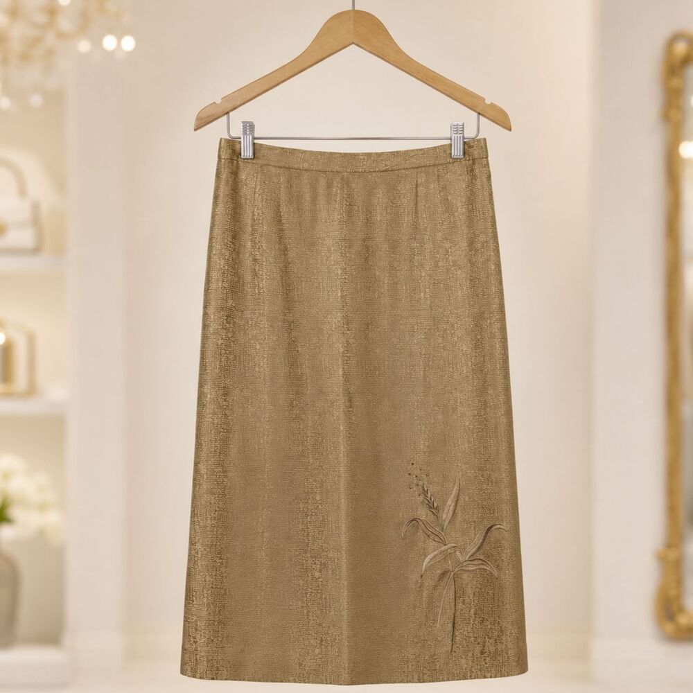 1990s Adrianna Papell Champagne Floral Embroidered Midi Skirt Silk Blend 12 Luxe